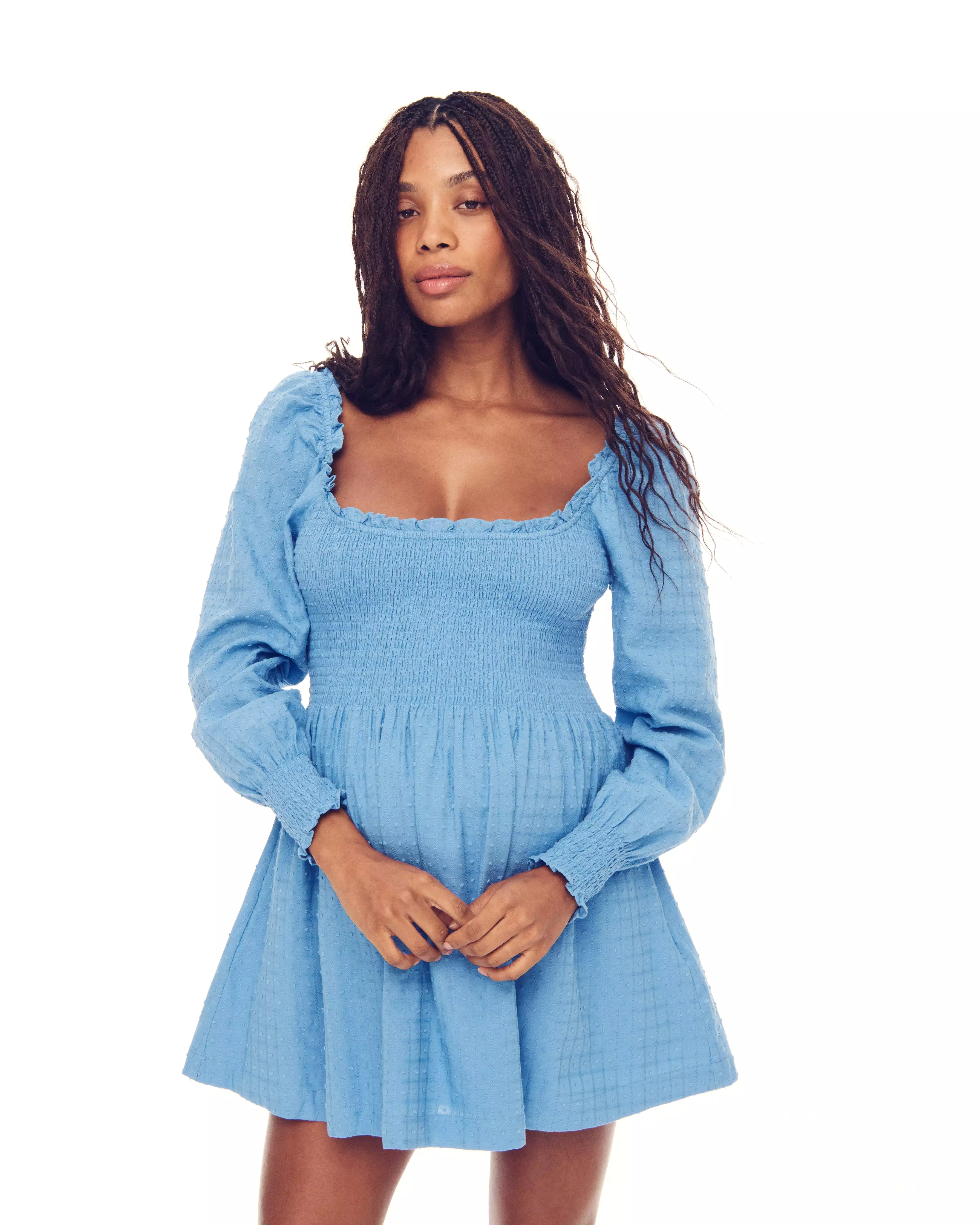 The Maternity Norah Nap Dress - Hydrangea Blue Textured Clip Dot