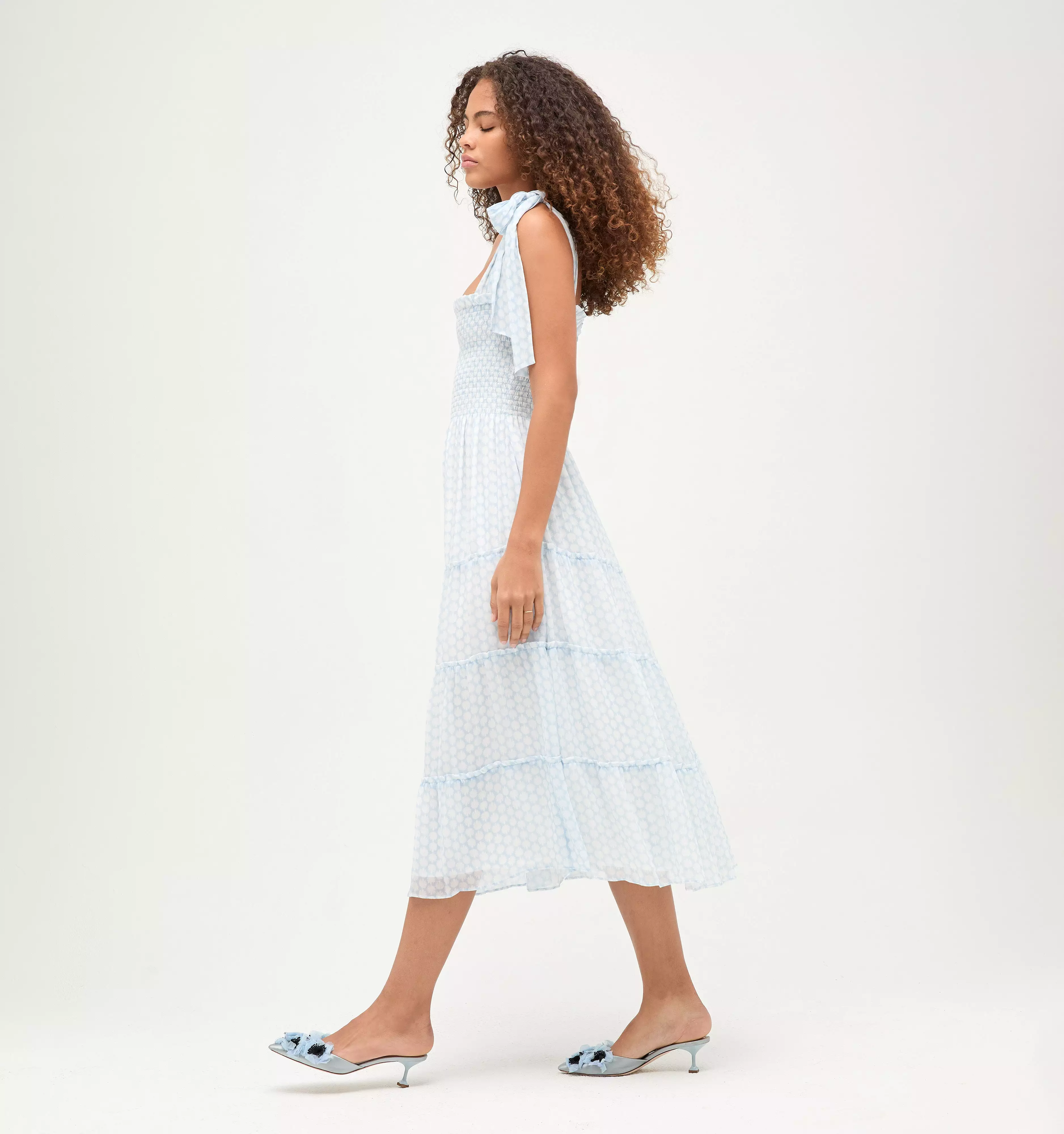 The Ribbon Ellie Nap Dress - Powder Blue Baroque Shell Georgette