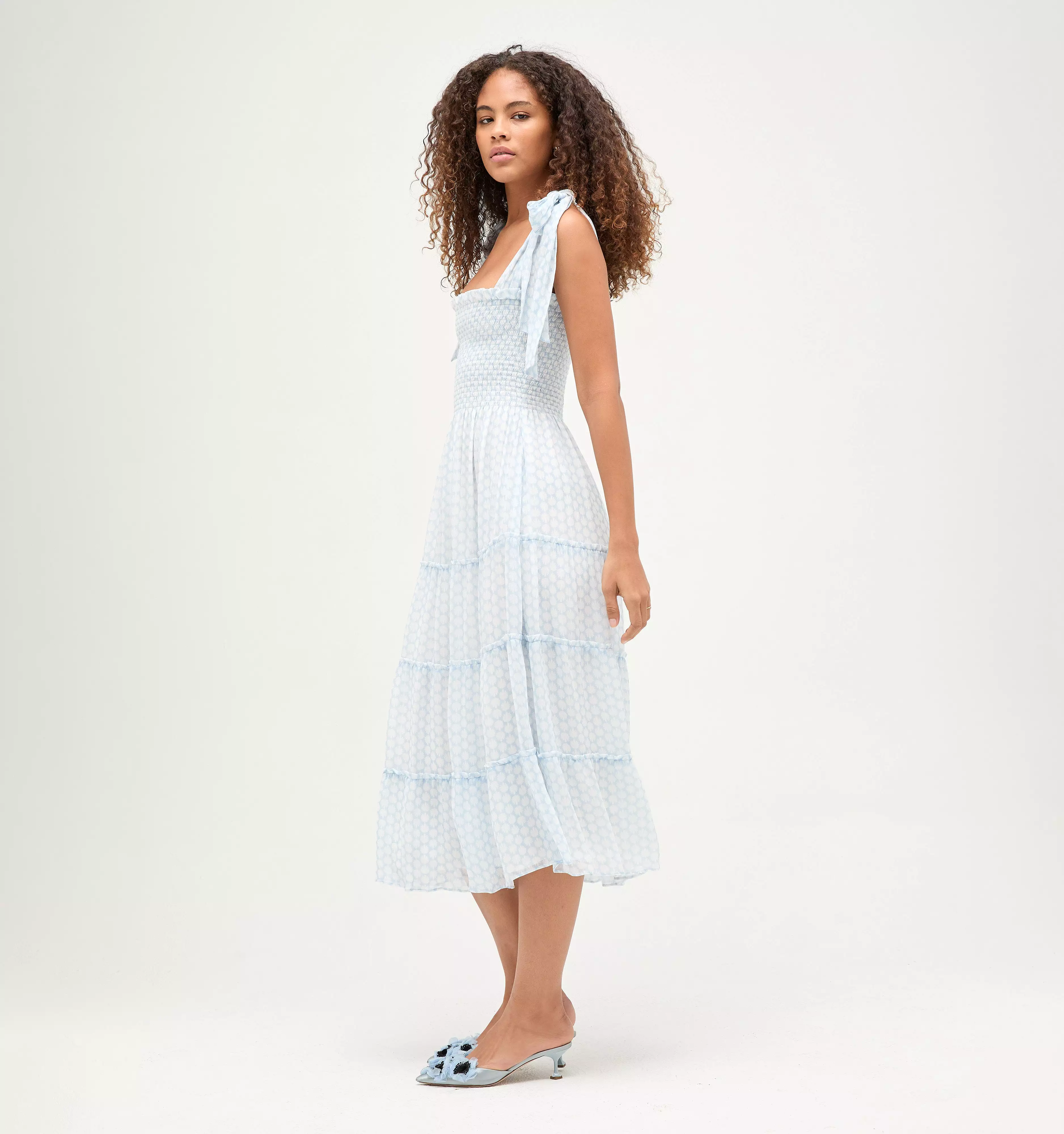 The Ribbon Ellie Nap Dress - Powder Blue Baroque Shell Georgette