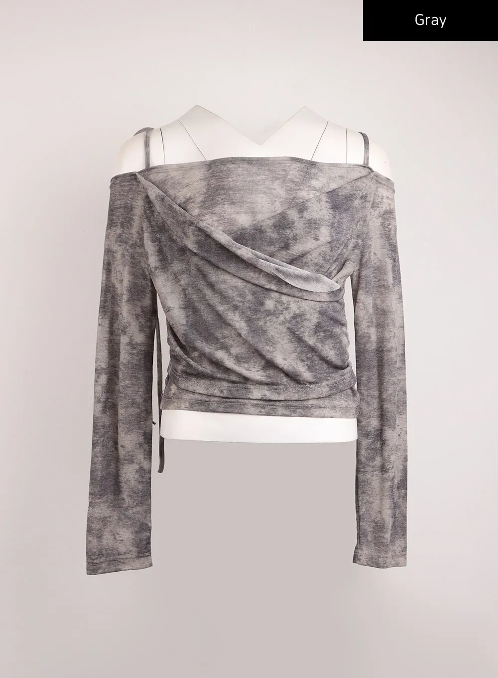 Tie Dye Drawstring Shoulder Long Sleeve Top IJ411