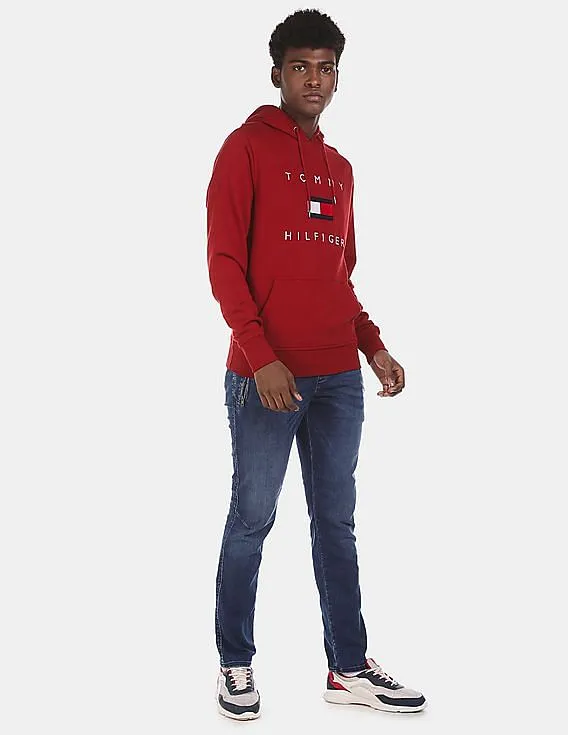 Tommy Hilfiger Men Red Drawstring Hood Brand Logo Embroidered Regular Fit Sweatshirt