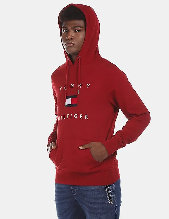 Tommy Hilfiger Men Red Drawstring Hood Brand Logo Embroidered Regular Fit Sweatshirt