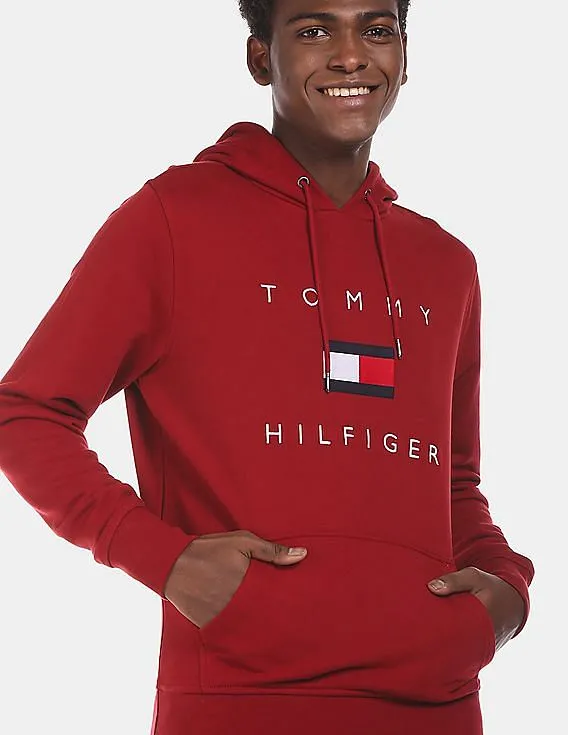 Tommy Hilfiger Men Red Drawstring Hood Brand Logo Embroidered Regular Fit Sweatshirt