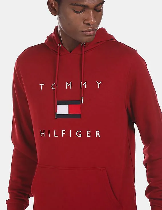 Tommy Hilfiger Men Red Drawstring Hood Brand Logo Embroidered Regular Fit Sweatshirt