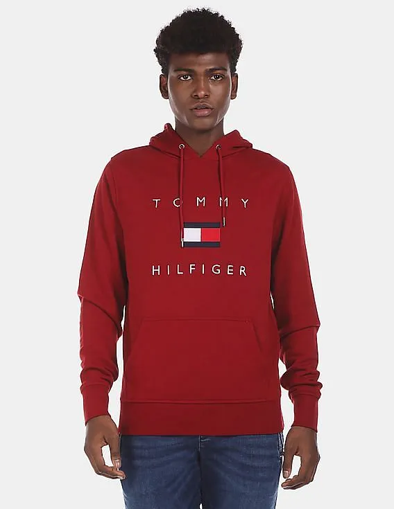 Tommy Hilfiger Men Red Drawstring Hood Brand Logo Embroidered Regular Fit Sweatshirt