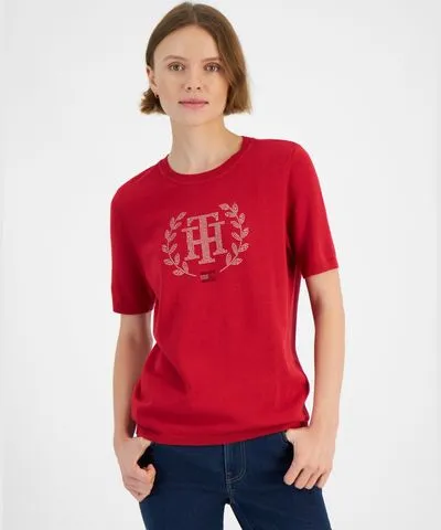 Tommy Hilfiger Women's Cotton Logo-Crest Crewneck Short Sleeve Sweater