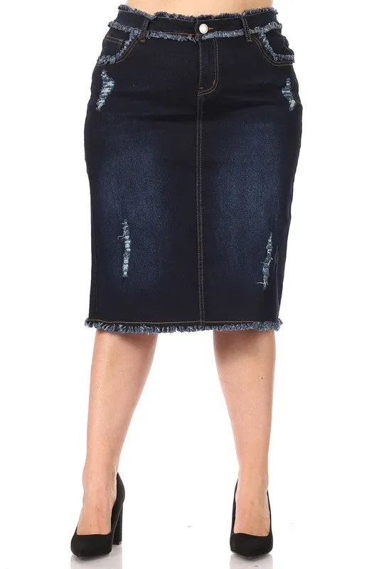 Trendy & Distressed Jean Skirt-Dark Wash