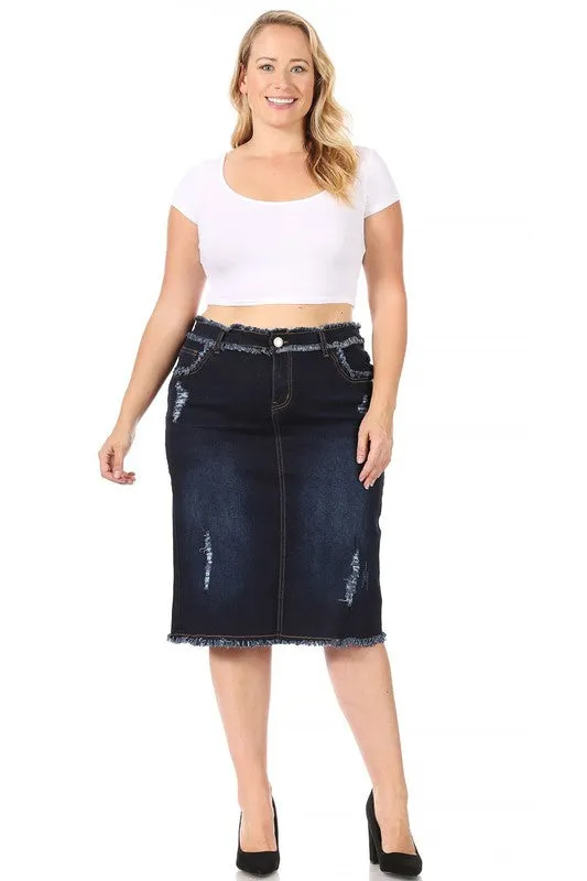 Trendy & Distressed Jean Skirt-Dark Wash