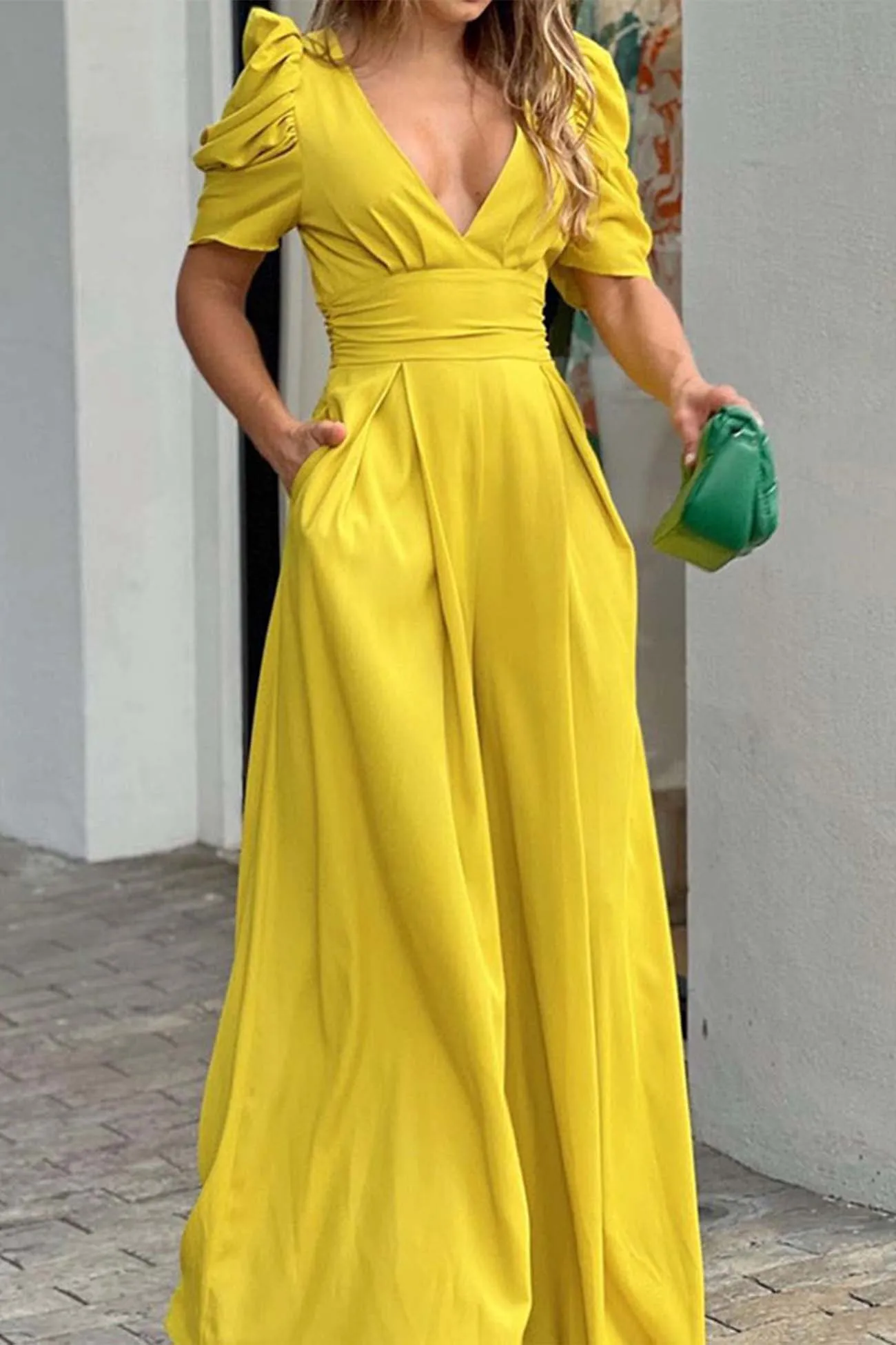 V Neck Puff Sleeve Backless Bow Wide Leg Jumpsuit