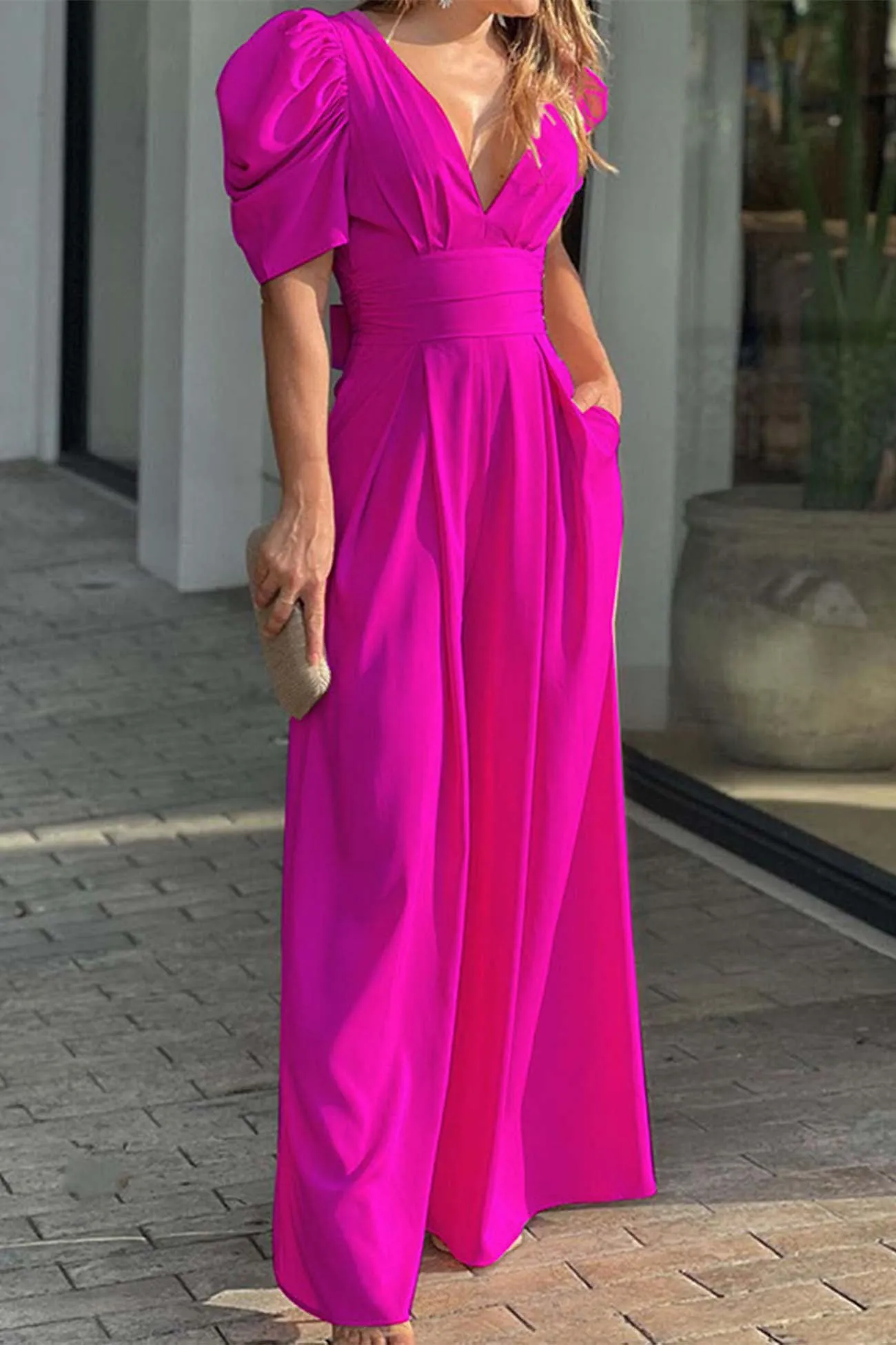 V Neck Puff Sleeve Backless Bow Wide Leg Jumpsuit