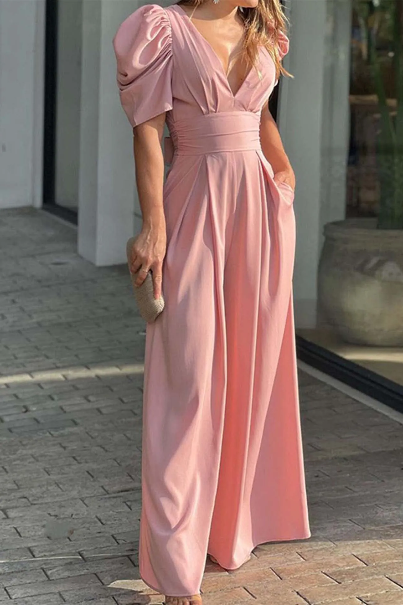 V Neck Puff Sleeve Backless Bow Wide Leg Jumpsuit