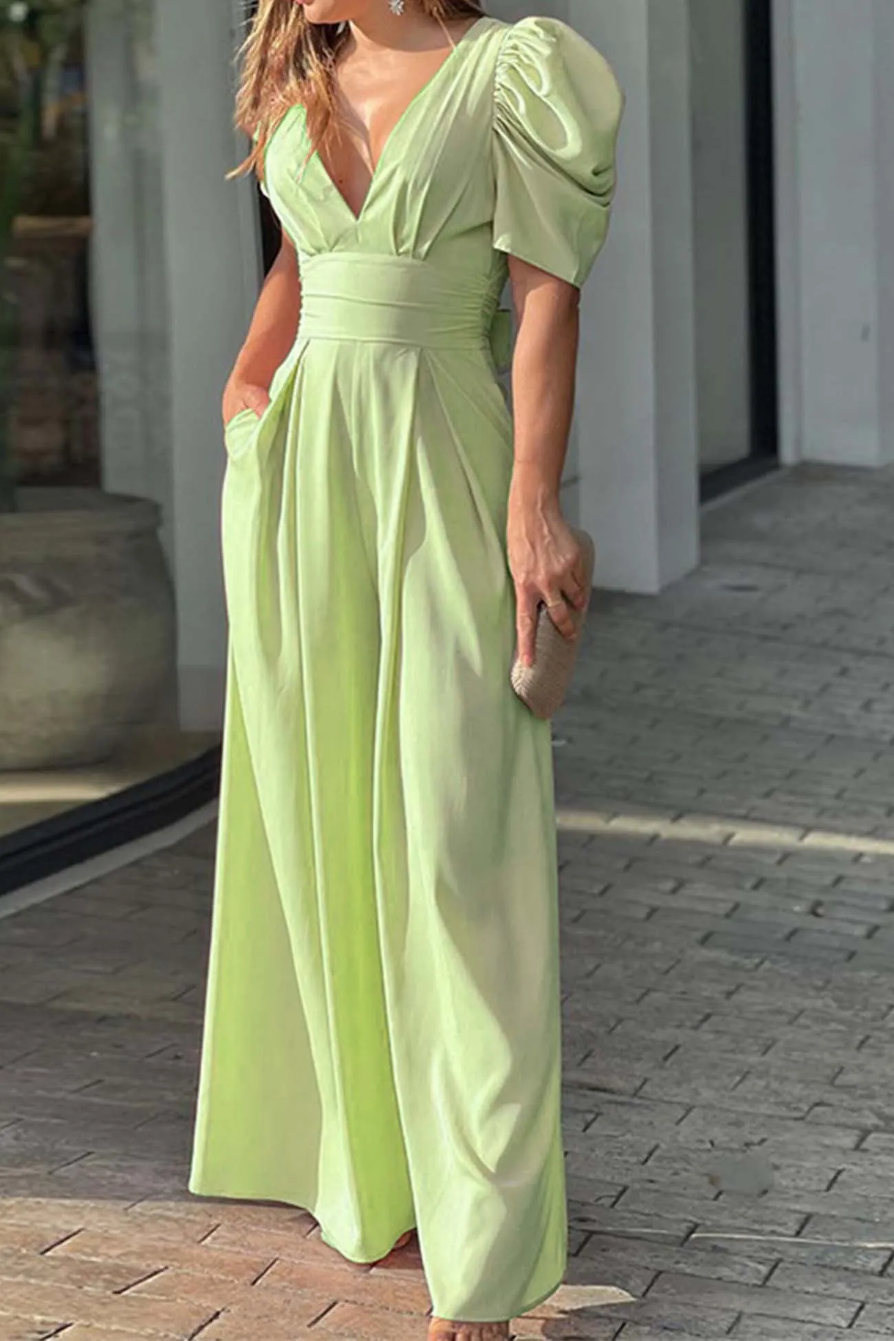 V Neck Puff Sleeve Backless Bow Wide Leg Jumpsuit