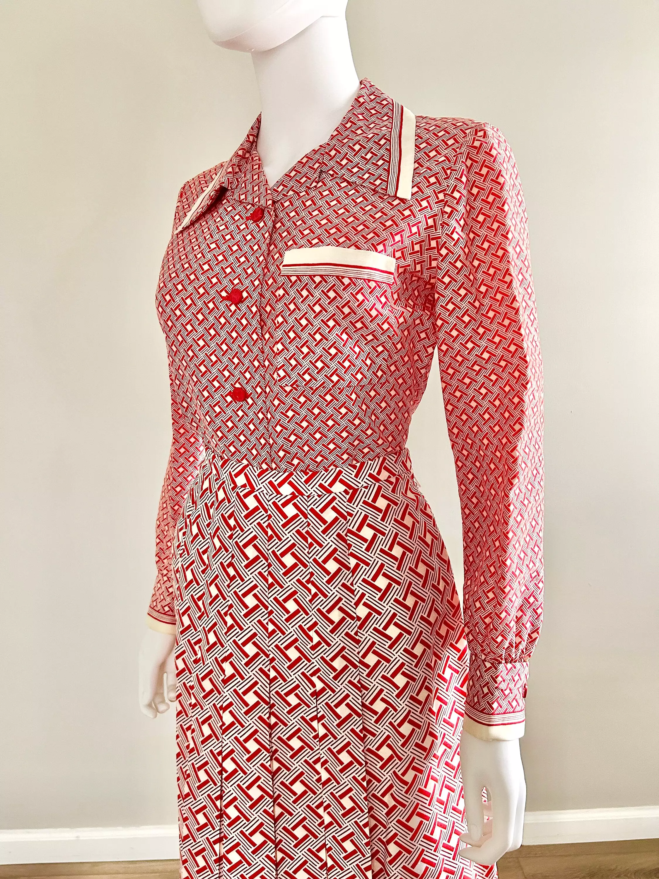 Vintage 1970s Nina Ricci Red Geometric Skirt and Blouse Set / 70s Couture / Size S