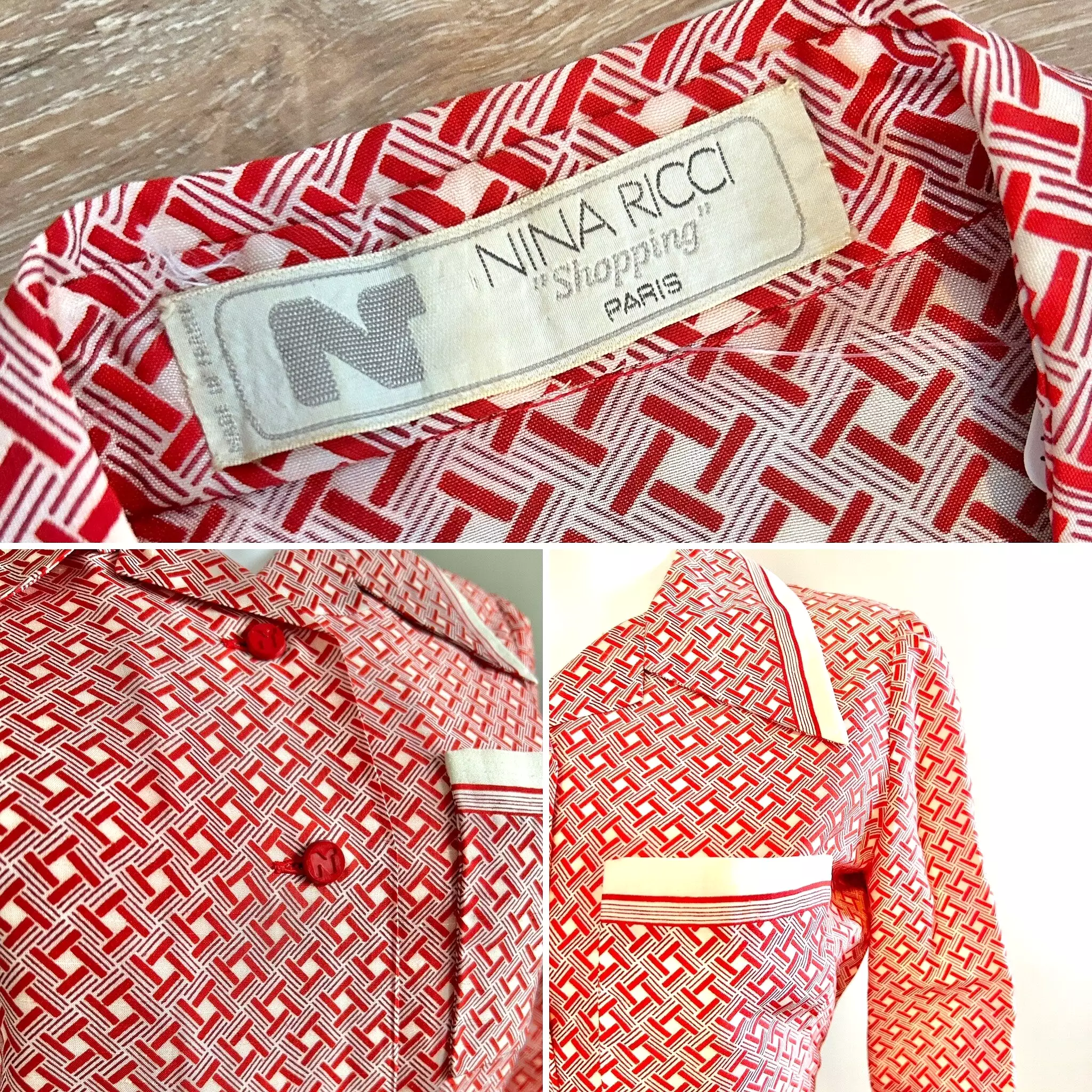 Vintage 1970s Nina Ricci Red Geometric Skirt and Blouse Set / 70s Couture / Size S