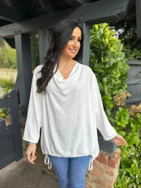 White Drape Neck Drawstring Top Gwen