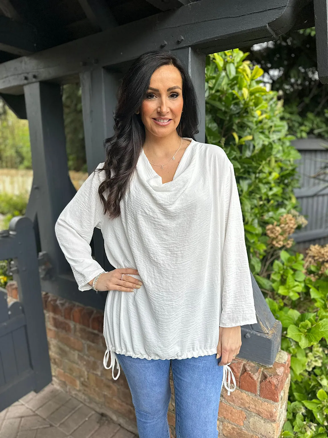 White Drape Neck Drawstring Top Gwen