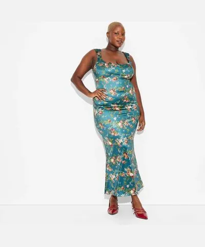 Wild Fable Women's Satin Maxi Bodycon Dress - Wild Fable™ Teal Blue Floral