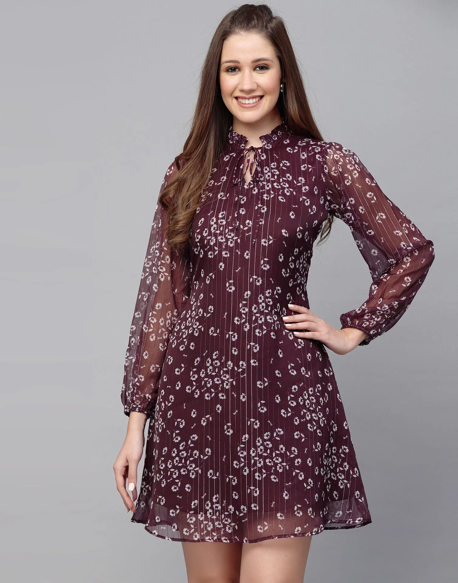 Wine Chiffon Fit and Flare Dress