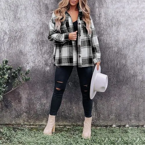 Women's Coat Long Sleeve Blouses Printing Casual Plaid