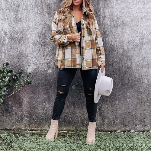 Women's Coat Long Sleeve Blouses Printing Casual Plaid