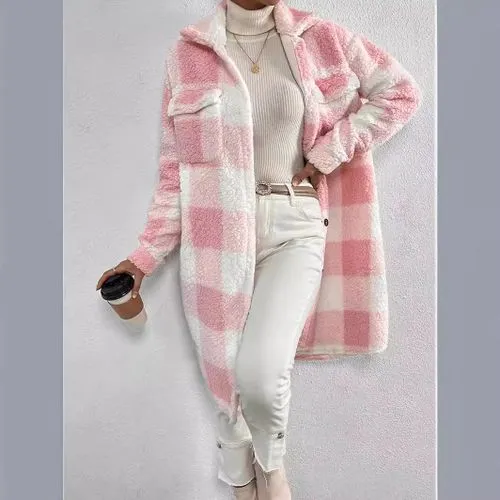 Women's Elegant Streetwear Plaid Printing Pocket Single Breasted Coat Woolen Coat