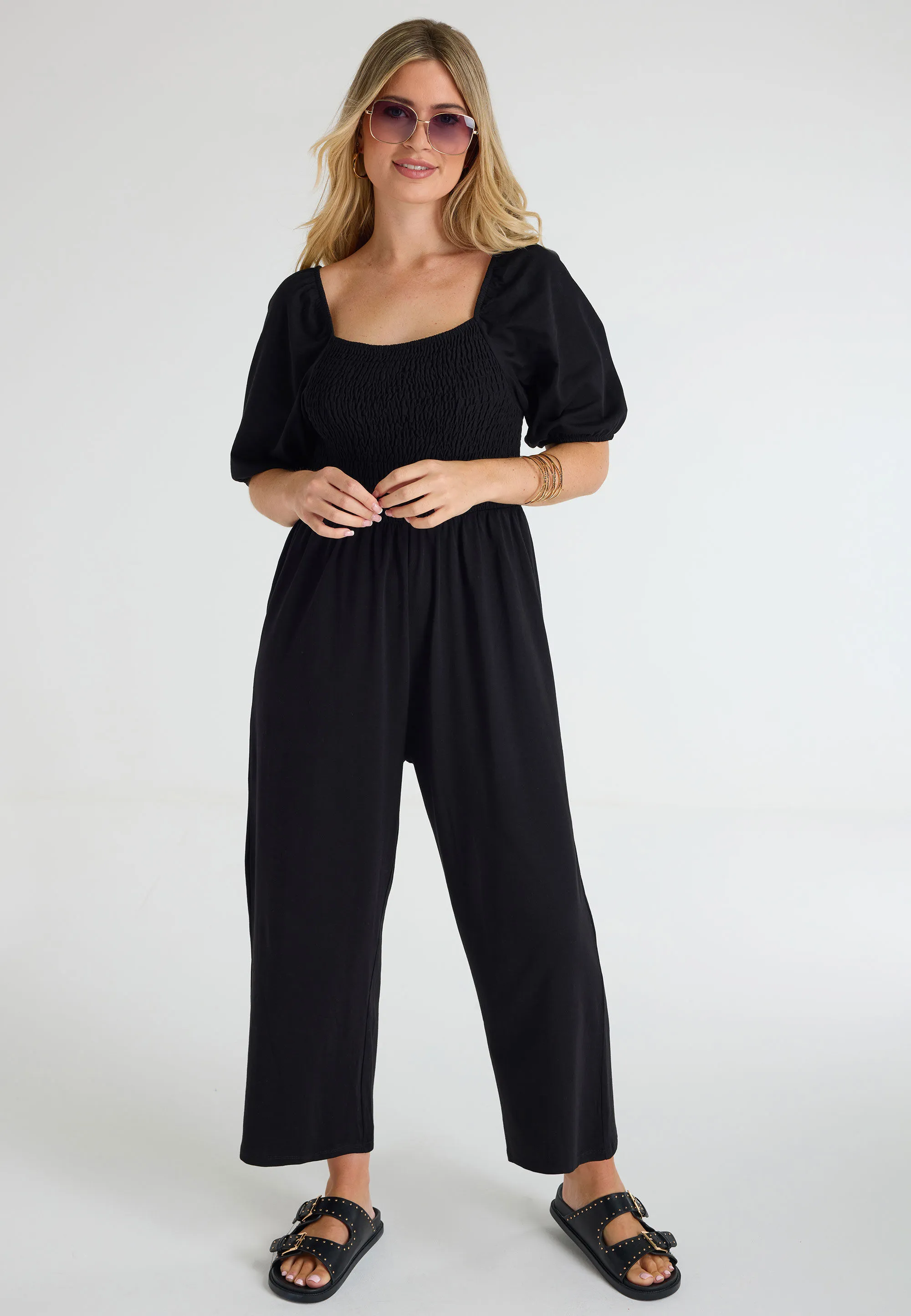 Womens Black Puff Sleeve Shirred Jumpsuit