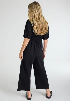 Womens Black Puff Sleeve Shirred Jumpsuit