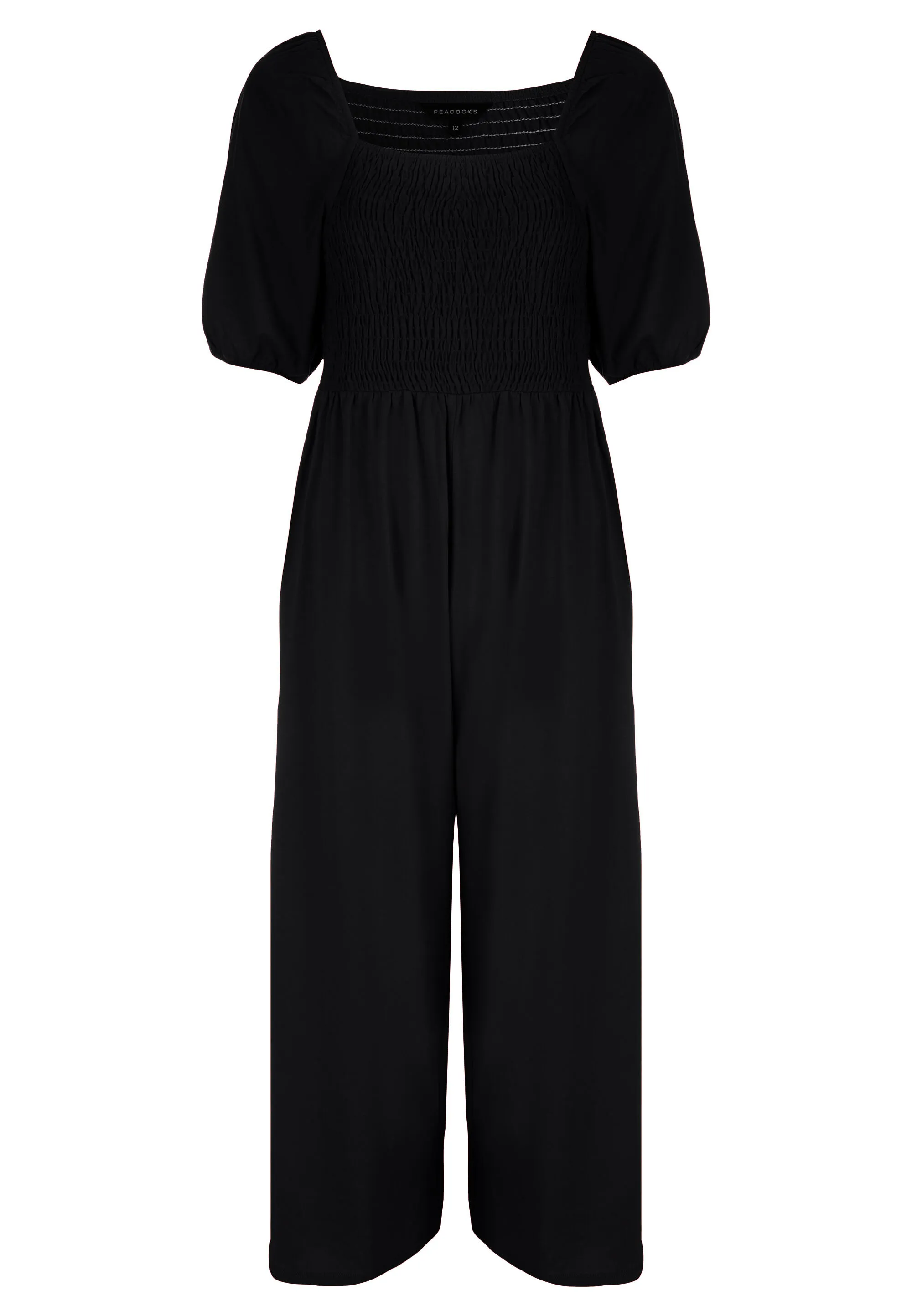 Womens Black Puff Sleeve Shirred Jumpsuit