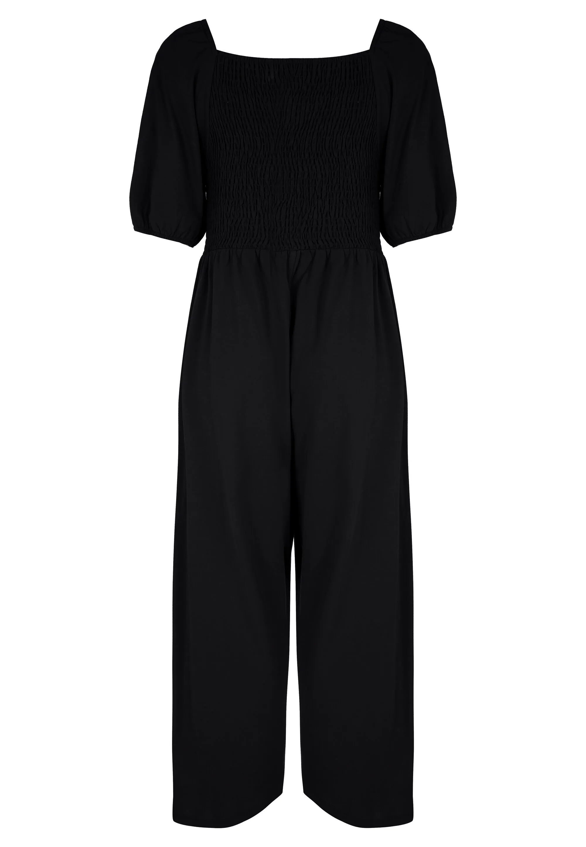 Womens Black Puff Sleeve Shirred Jumpsuit