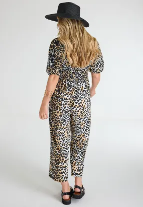 Womens Brown Animal Print Shirred Jumpsuit