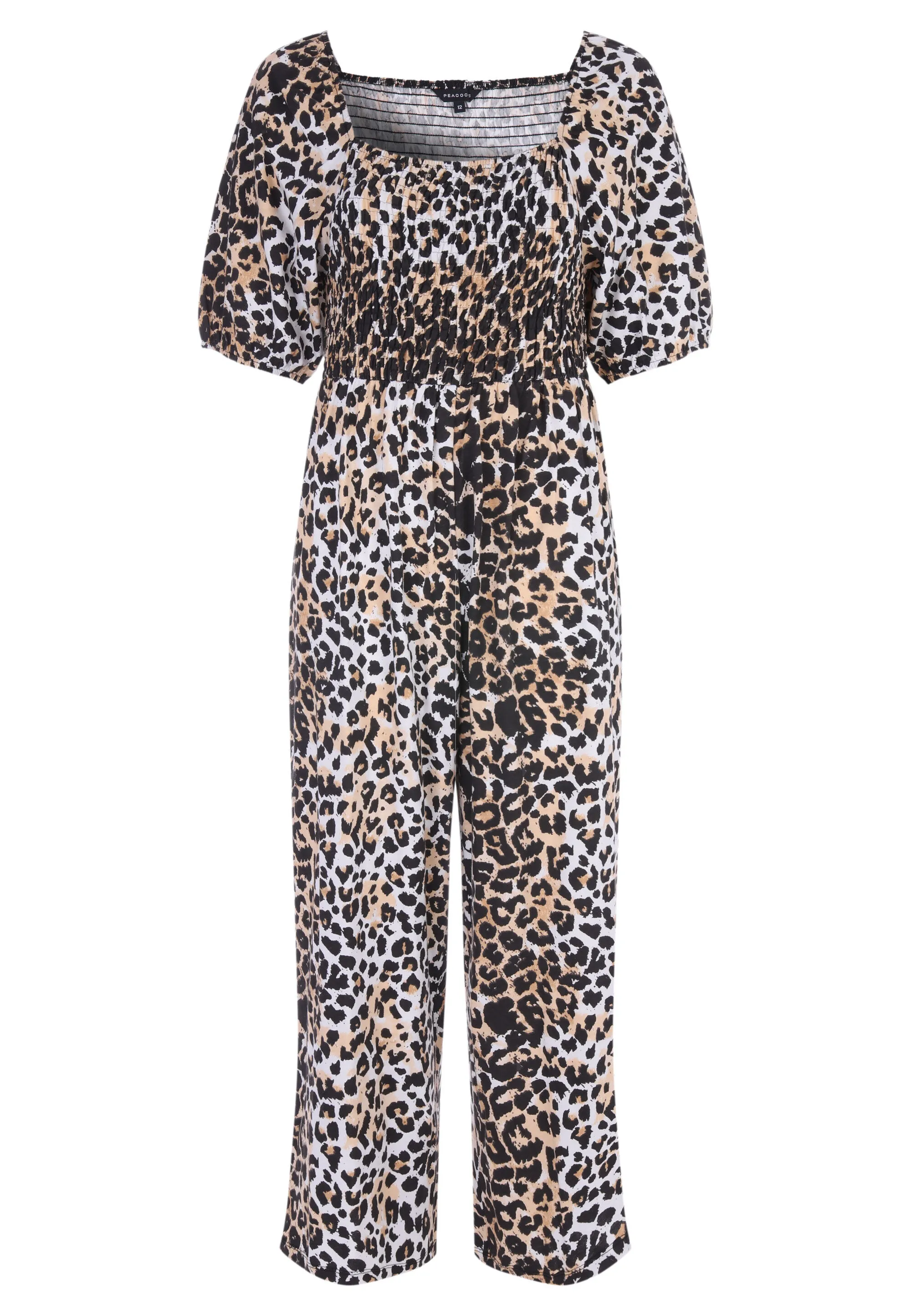 Womens Brown Animal Print Shirred Jumpsuit