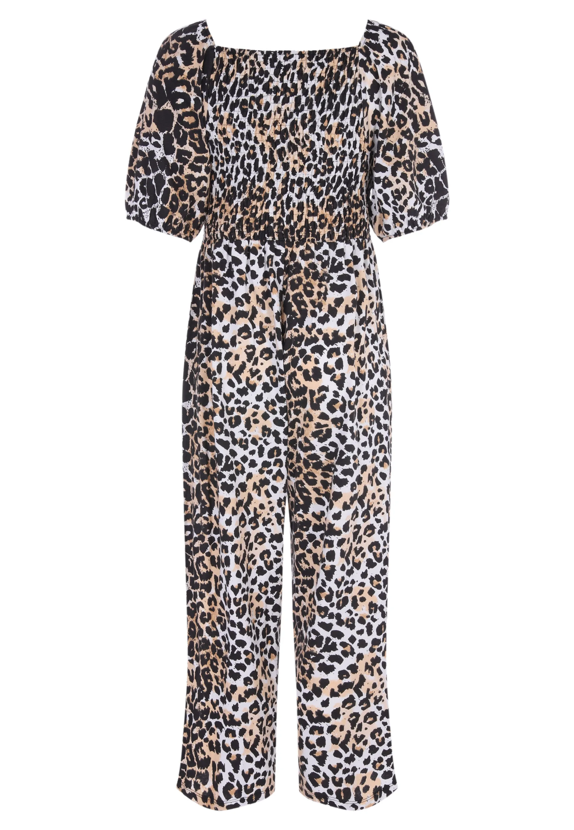 Womens Brown Animal Print Shirred Jumpsuit