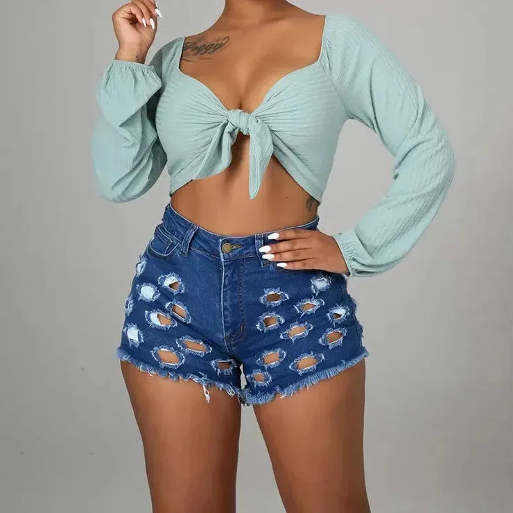 Women's Sexy Distressed Hollow Ripped Low Waist Tight Denim Shorts