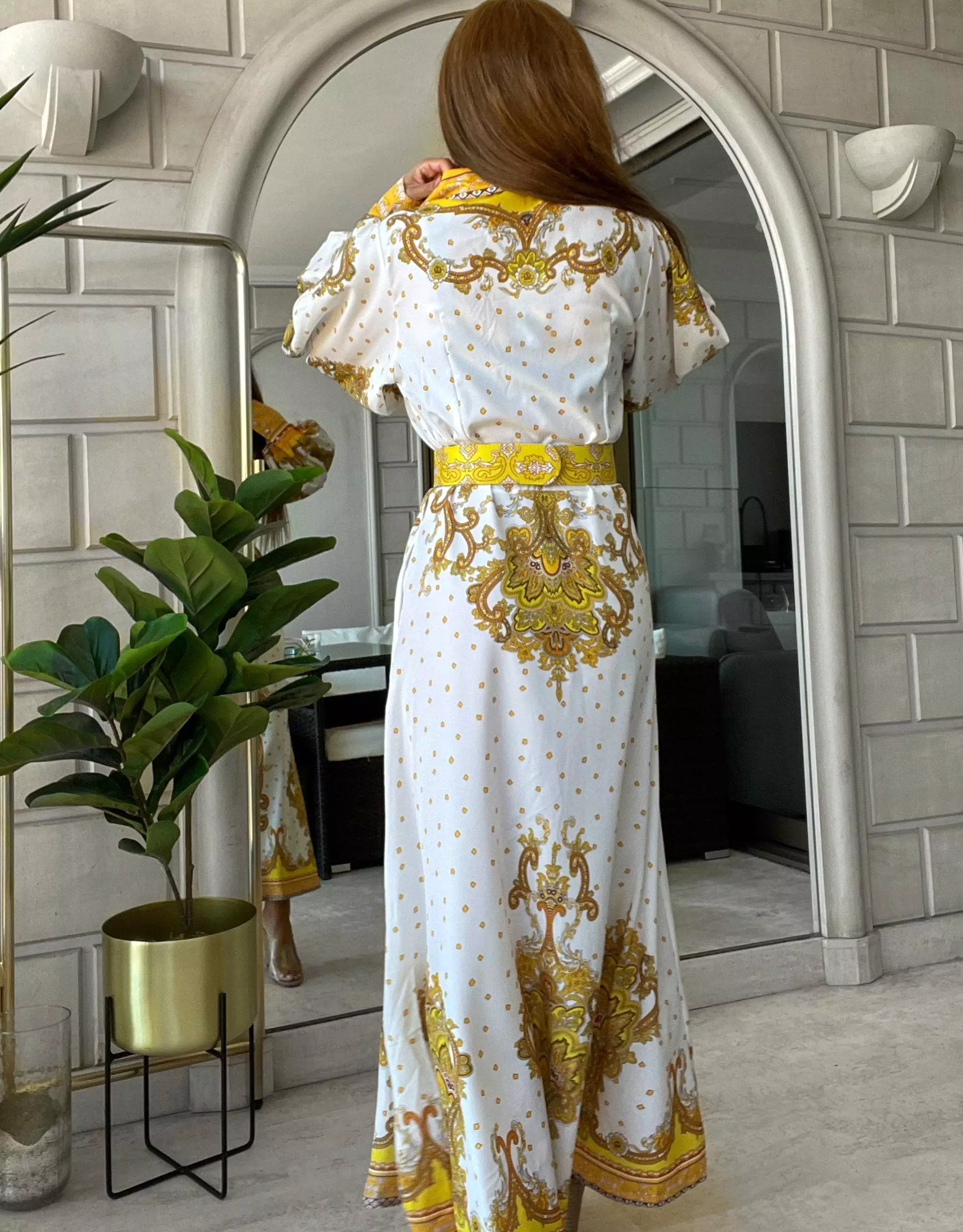 Yellow Ethnic Print Long Shirt Dress